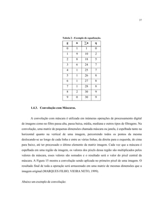 37




                                 Tabela 2 - Exemplo de equalização.
                                    g        n      ∑n       q
                                    0        1       1       0
                                    1        9      10       2
                                    2        8      18       5
                                    3        6      24       7
                                    4        1      25       7
                                    5        1      26       8
                                    6        1      27       8
                                    7        1      28       8
                                    8        2      30       9
                                    9        0      30       9


       1.4.3. Convolução com Máscaras.


       A convolução com máscara é utilizada em inúmeras operações de processamento digital
de imagens como no filtro passa alta, passa baixa, média, mediana e outros tipos de filtragens. Na
convolução, uma matriz de pequenas dimensões chamada máscara ou janela, é espelhada tanto na
horizontal quanto na vertical de uma imagem, percorrendo todos os pontos da mesma
deslocando-se ao longo de cada linha e entre as várias linhas, da direita para a esquerda, de cima
para baixo, até ter processado o último elemento da matriz imagem. Cada vez que a máscara é
espelhada em uma região da imagem, os valores dos pixels dessa região são multiplicados pelos
valores da máscara, esses valores são somados e o resultado será o valor do pixel central da
máscara. A Figura 15 mostra a convolução sendo aplicada no primeiro pixel de uma imagem. O
resultado final de toda a operação será armazenado em uma matriz de mesmas dimensões que a
imagem original (MARQUES FILHO; VIEIRA NETO, 1999).


Abaixo um exemplo de convolução:
 