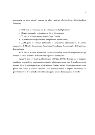 54




estampadas na parte central superior da placa (tarjeta), substituindo-se a identificação do
Município:


       a) CMD, para os veículos de uso dos Chefes de Missão Diplomática;
       b) CD, para os veículos pertencentes ao Corpo Diplomático;
       c) CC, para os veículos pertencentes ao Corpo Consular;
       d) OI, para os veículos pertencentes a Organismos Internacionais;
       e) ADM, para os veículos pertencentes a funcionários administrativos de carreira
estrangeiros de Missões Diplomáticas, Repartições Consulares e Representações de Organismos
Internacionais;
        f) CI, para os veículos pertencentes a perito estrangeiros sem residência permanente que
venham ao Brasil no âmbito de Acordo de Cooperação Internacional.
       De acordo com a revista Super Interessante (2004) em 1990 foi definido que os caracteres
das placas, tanto as letras quanto os números estão relacionados com o local de emplacamento do
mesmo, faixas de placas por estado, como visto na Tabela 4 abaixo. Porém podem-se encontrar
placas com a faixa e o estado “trocados”, isso acontece quando se emplaca um veículo e o
proprietário troca de localidade, então é trocado apenas o nome do município e do estado.
 
