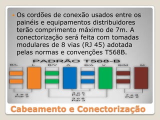 Cabeamento e ConectorizaçãoOs cordões de conexão usados entre os painéis e equipamentos distribuidores terão comprimento máximo de 7m. A conectorização será feita com tomadas modulares de 8 vias (RJ 45) adotada pelas normas e convenções T568B.