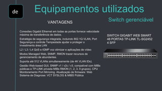 de Equipamentos utilizados
Switch gerenciávelVANTAGENS
Conexões Gigabit Ethernet em todas as portas fornece velocidade
máxima de transferência de dados.
Estratégia de segurança integrada, incluindo 802.1Q VLAN, Port
Segurança e controle Tempestade ajudar a proteger o
investimento área LAN
L2 / L3 / L4 QoS e IGMP voz otimizar e aplicações de vídeo
Modos Managed Web, SNMP, RMON trazer recursos de
gerenciamento de abundantes.
Suporta até 512 VLANs simultaneamente (de 4K VLAN IDs).
Gestão Web-based GUI, SNMP v1 / v2c / v3, compatível com MIBs
públicas e TP-LINK privada MIBs RMON (1, 2, 3, 9 grupos), CPU
Monitoramento Port Mirroring. Atualização de firmware: Web
Sistema de Diagnose: VCT SYSLOG & MIBS Pública
SWITCH GIGABIT WEB SMART
48 PORTAS TP-LINK TL-SG2452
4 SFP
 