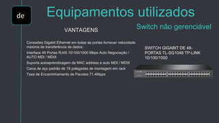 de Equipamentos utilizados
Switch não gerenciávelVANTAGENS
Conexões Gigabit Ethernet em todas as portas fornecer velocidade
máxima de transferência de dados.
Interface 48 Portas RJ45 10/100/1000 Mbps Auto Negociação /
AUTO MDI / MDIX
Suporta autoaprendizagem de MAC address e auto MDI / MDIX
Caixa de aço padrão de 19 polegadas de montagem em rack
Taxa de Encaminhamento de Pacotes 71.4Mpps
SWITCH GIGABIT DE 48-
PORTAS TL-SG1048 TP-LINK
10/100/1000
 