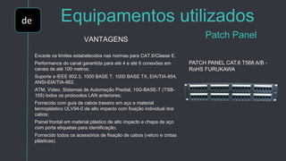 de Equipamentos utilizados
Patch PanelVANTAGENS
Excede os limites estabelecidos nas normas para CAT.6/Classe E,
Performance do canal garantida para até 4 e até 6 conexões em
canais de até 100 metros;
Suporte a IEEE 802.3, 1000 BASE T, 1000 BASE TX, EIA/TIA-854,
ANSI-EIA/TIA-862,
ATM, Vídeo, Sistemas de Automação Predial, 10G-BASE-T (TSB-
155) todos os protocolos LAN anteriores;
Fornecido com guia de cabos traseiro em aço e material
termoplástico ULV94-0 de alto impacto com fixação individual dos
cabos;
Painel frontal em material plástico de alto impacto e chapa de aço
com porta etiquetas para identificação;
Fornecido todos os acessórios de fixação de cabos (velcro e cintas
plásticas).
PATCH PANEL CAT.6 T568 A/B -
RoHS FURUKAWA
 