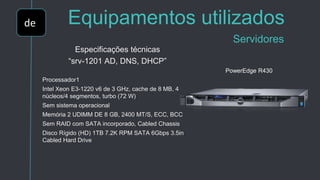 de Equipamentos utilizados
Servidores
Especificações técnicas
“srv-1201 AD, DNS, DHCP”
Processador1
Intel Xeon E3-1220 v6 de 3 GHz, cache de 8 MB, 4
núcleos/4 segmentos, turbo (72 W)
Sem sistema operacional
Memória 2 UDIMM DE 8 GB, 2400 MT/S, ECC, BCC
Sem RAID com SATA incorporado, Cabled Chassis
Disco Rígido (HD) 1TB 7.2K RPM SATA 6Gbps 3.5in
Cabled Hard Drive
PowerEdge R430
 