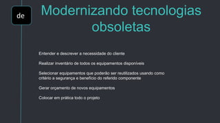 de Modernizando tecnologias
obsoletas
Entender e descrever a necessidade do cliente
Realizar inventário de todos os equipamentos disponíveis
Selecionar equipamentos que poderão ser reutilizados usando como
critério a segurança e benefício do referido componente
Gerar orçamento de novos equipamentos
Colocar em prática todo o projeto
 