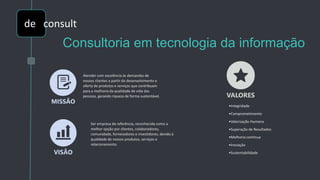 Consultoria em tecnologia da informação
de
de consult
Atender com excelência às demandas de
nossos clientes a partir do desenvolvimento e
oferta de produtos e serviços que contribuam
para a melhoria da qualidade de vida das
pessoas, gerando riqueza de forma sustentável.
Ser empresa de referência, reconhecida como a
melhor opção por clientes, colaboradores,
comunidade, fornecedores e investidores, devido à
qualidade de nossos produtos, serviços e
relacionamento.
•Integridade
•Comprometimento
•Valorização Humana
•Superação de Resultados
•Melhoria contínua
•Inovação
•Sustentabilidade
 