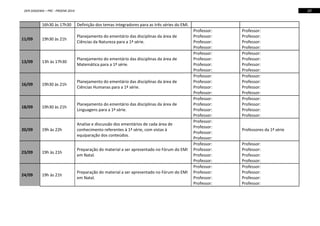 10

DER DIADEMA – PRC - PROEMI 2014

16h30 às 17h30

Definição dos temas integradores para as três séries do EMI.

11/09

19h30 às 21h

Planejamento do ementário das disciplinas da área de
Ciências da Natureza para a 1ª série.

13/09

13h às 17h30

Planejamento do ementário das disciplinas da área de
Matemática para a 1ª série.

16/09

19h30 às 21h

Planejamento do ementário das disciplinas da área de
Ciências Humanas para a 1ª série.

18/09

19h30 às 21h

Planejamento do ementário das disciplinas da área de
Linguagens para a 1ª série.

19h às 22h

Analise e discussão dos ementários de cada área de
conhecimento referentes à 1ª série, com vistas à
equiparação dos conteúdos.

20/09

23/09

19h às 21h

Preparação do material a ser apresentado no Fórum do EMI
em Natal.

24/09

19h às 21h

Preparação do material a ser apresentado no Fórum do EMI
em Natal.

Professor:
Professor:
Professor:
Professor:
Professor:
Professor:
Professor:
Professor:
Professor:
Professor:
Professor:
Professor:
Professor:
Professor:
Professor:
Professor:
Professor:
Professor:
Professor:
Professor:
Professor:
Professor:
Professor:
Professor:
Professor:
Professor:
Professor:
Professor:

Professor:
Professor:
Professor:
Professor:
Professor:
Professor:
Professor:
Professor:
Professor:
Professor:
Professor:
Professor:
Professor:
Professor:
Professor:
Professor:
Professores da 1ª série
Professor:
Professor:
Professor:
Professor:
Professor:
Professor:
Professor:
Professor:

 