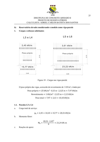 25
DISCIPLINA DE CONCRETO ARMADO II
PROJETO DE RESERVATÓRIOS
CALCULISTA: ADRIEL CARLOS BATISTA DOS SANTOS
b) Reservatório elevado considerando o modelo como viga-parede
1. Cargas e esforços solicitantes
Figura 10 – Cargas nas vigas-parede
O peso próprio das vigas, acrescido do revestimento de 1 kN/m², é dado por:
1.1. Paredes L3 e L4
a. Carga total de serviço:
b. Momento fletor:
c. Reações de apoio:
2,45 kN/m 3,61 kN/m
15,77 kN/m 23,22 kN/m
L3 e L4 L5 e L6
Peso próprio Peso próprio
2,45
2,13
2,13
4,65
 