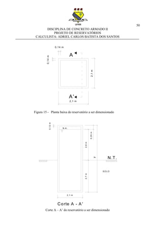 50
DISCIPLINA DE CONCRETO ARMADO II
PROJETO DE RESERVATÓRIOS
CALCULISTA: ADRIEL CARLOS BATISTA DOS SANTOS
Figura 15 - Planta baixa do reservatório a ser dimensionado
Corte A – A’ do reservatório a ser dimensionado
2,1 m
2,1m
0,14 m0,14m
A
A'
2,7m2,6m
N.A.
2,1 m
SO LO
0,12m
Corte A - A'
y
N.T.
0,35m
 