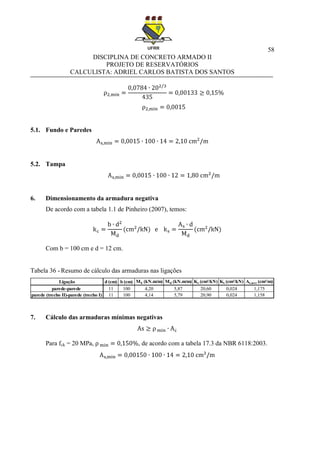 58
DISCIPLINA DE CONCRETO ARMADO II
PROJETO DE RESERVATÓRIOS
CALCULISTA: ADRIEL CARLOS BATISTA DOS SANTOS
5.1. Fundo e Paredes
5.2. Tampa
6. Dimensionamento da armadura negativa
De acordo com a tabela 1.1 de Pinheiro (2007), temos:
Com b = 100 cm e d = 12 cm.
Tabela 36 - Resumo de cálculo das armaduras nas ligações
7. Cálculo das armaduras mínimas negativas
Para fck = 20 MPa, , de acordo com a tabela 17.3 da NBR 6118:2003.
Ligação d (cm) b (cm) Mk (kN.m/m) Md (kN.m/m) Kc (cm²/kN) Ks (cm²/kN) As,nec (cm²/m)
parede-parede 11 100 4,20 5,87 20,60 0,024 1,175
parede (trecho II)-parede (trecho I) 11 100 4,14 5,79 20,90 0,024 1,158
 
