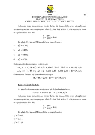 69
DISCIPLINA DE CONCRETO ARMADO II
PROJETO DE RESERVATÓRIOS
CALCULISTA: ADRIEL CARLOS BATISTA DOS SANTOS
Aplicando esses momentos nas bordas da laje de fundo, obtêm-se as alterações nos
momentos positivos com o emprego da tabela 5.3.1 de José Milton. A relação entre os lados
da laje de fundo é dada por:
Da tabela 5.3.1 de José Milton, obtêm-se os coeficientes:
a. ;
b. ;
c. ;
d. .
Os incrementos dos momentos positivos são:
Os momentos finais na laje de fundo são dados por:
Para o reservatório cheio:
As reduções dos momentos negativos na laje de fundo são dadas por:
Aplicando esses momentos nas bordas da laje de fundo, obtêm-se as alterações nos
momentos positivos com o emprego da tabela 5.3.1 de José Milton. A relação entre os lados
da laje de fundo é dada por:
Da tabela 5.3.1 de José Milton, obtêm-se os coeficientes:
;
;
;
 