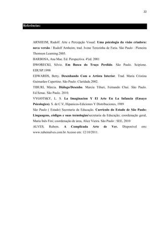 22

Referências:

ARNHEIM, Rudolf. Arte e Percepção Visual: Uma psicologia da visão criadora:
nova versão / Rudolf Arnheim; trad. Ivone Terezinha de Faria. São Paulo : Pioneira
Thomson Learning.2005.
BARBOSA, Ana Mae. Ed. Perspectiva. 4ºed. 2001
DWORECKI, Silvio. Em Busca do Traço Perdido. São Paulo. Scipione.
EDUSP.1998
EDWARDS, Betty. Desenhando Com o Artista Interior. Trad. Maria Cristina
Guimarães Cupertino. São Paulo: Claridade.2002.
TIBURI, Márcia. Diálogo/Desenho. Marcia Tiburi, Fernando Chuí. São Paulo.
Ed.Senac. São Paulo. 2010.
VYGOTSKY, L. S. La Imaginacion Y El Arte En La Infancia (Ensayo
Psicologico). S. de C.V, Hipanicos-Ediciones Y Distribuciones, 1989
São Paulo ( Estado) Secretaria da Educação. Currículo do Estado de São Paulo:
Linguagens, códigos e suas tecnologias/secretaria da Educação; coordenação geral,
Maria Inês Fini; coordenação de área, Alice Vieira. São Paulo : SEE, 2010
ALVES,

Rubem.

A

Complicada

Arte

www.rubemalves.com.br Acesso em: 12/10/2011.

de

Ver.

Disponível

em:

 