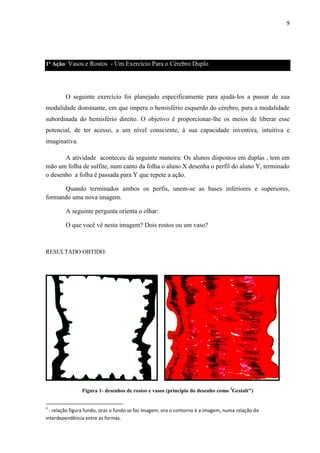 9

1ª Ação: Vasos e Rostos - Um Exercício Para o Cérebro Duplo

O seguinte exercício foi planejado especificamente para ajudá-los a passar de sua
modalidade dominante, em que impera o hemisfério esquerdo do cérebro, para a modalidade
subordinada do hemisfério direito. O objetivo é proporcionar-lhe os meios de liberar esse
potencial, de ter acesso, a um nível consciente, à sua capacidade inventiva, intuitiva e
imaginativa.
A atividade aconteceu da seguinte maneira: Os alunos dispostos em duplas , tem em
mão um folha de sulfite, num canto da folha o aluno X desenha o perfil do aluno Y, terminado
o desenho a folha é passada para Y que repete a ação.
Quando terminados ambos os perfis, unem-se as bases inferiores e superiores,
formando uma nova imagem.
A seguinte pergunta orienta o olhar:
O que você vê nesta imagem? Dois rostos ou um vaso?

RESULTADO OBTIDO:

Figura 1- desenhos de rostos e vasos (princípio do desenho como 3Gestalt")
3

- relação figura fundo, oras o fundo se faz imagem, ora o contorno é a imagem, numa relação de
interdependência entre as formas.

 