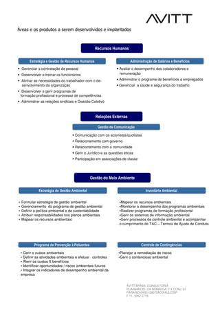 Áreas e os produtos a serem desenvolvidos e implantados



                                                   Recursos Humanos

         Estratégia e Gestão de Recursos Humanos                         Administração de Salários e Benefícios
    Gerenciar a contratação de pessoal                            Avaliar o desempenho dos colaboradores e
    Desenvolver e treinar os funcionários                         remuneração

    Alinhar as necessidades do trabalhador com o de-              Administrar o programa de benefícios a empregados
    senvolvimento da organização                                  Gerenciar a saúde e segurança do trabalho
     Desenvolver e gerir programas de
    formação profissional e processo de competências
    Administrar as relações sindicais e Dissídio Coletivo



                                                   Relações Externas

                                                    Gestão de Comunicação

                                      Comunicação com os acionistas/quotistas
                                      Relacionamento com governo
                                      Relacionamento com a comunidade
                                      Gerir o Jurídico e as questões éticas
                                      Participação em associações de classe




                                                Gestão do Meio Ambiente

               Estratégia de Gestão Ambiental                                     Inventário Ambiental

•   Formular estratégia de gestão ambiental                       •Mapear os recursos ambientais
•   Gerenciamento do programa de gestão ambiental                 •Monitorar o desempenho dos programas ambientais
•   Definir a política ambiental e de sustentabilidade            •Realizar programas de formação profissional
•   Atribuir responsabilidades nos planos ambientais              •Gerir os sistemas de informação ambiental
•   Mapear os recursos ambientais                                 •Gerir processos de controle ambiental e acompanhar
                                                                  o cumprimento do TAC – Termos de Ajuste de Conduta




            Programa de Prevenção à Poluentes                                  Controle de Contingências

    • Gerir o custos ambientais                                  •Planejar a remediação de riscos
    • Definir as atividades ambientais e efetuar controles       •Gerir o contencioso ambiental
    • Aferir os custos X benefícios
    • Identificar oportunidades / riscos ambientais futuros
    • Integrar os indicadores de desempenho ambiental da
    empresa


                                                                      AVITT BRASIL CONSULTORIA
                                                                      RUA MANOEL DA NÓBREGA 211 CONJ. 61
                                                                      PARAÍSO 04001-080 SÃO PAULO SP
                                                                      F 11- 3262 2779
 