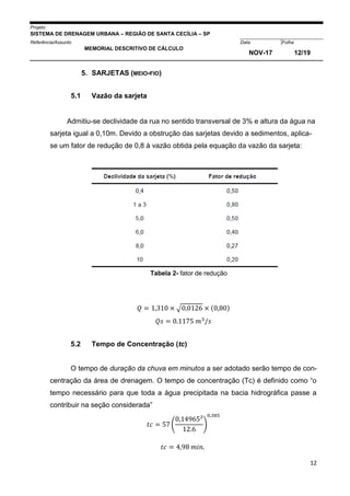 Projeto
SISTEMA DE DRENAGEM URBANA – REGIÃO DE SANTA CECÍLIA – SP
000005Referência/Assunto Data Folha
MEMORIAL DESCRITIVO DE CÁLCULO
NOV-17 12/19
12
5. SARJETAS (MEIO-FIO)
5.1 Vazão da sarjeta
Admitiu-se declividade da rua no sentido transversal de 3% e altura da água na
sarjeta igual a 0,10m. Devido a obstrução das sarjetas devido a sedimentos, aplica-
se um fator de redução de 0,8 à vazão obtida pela equação da vazão da sarjeta:
Tabela 2- fator de redução
𝑄 = 1,310 × √0,0126 × (0,80)
𝑄𝑠 = 0.1175 𝑚3
/𝑠
5.2 Tempo de Concentração (tc)
O tempo de duração da chuva em minutos a ser adotado serão tempo de con-
centração da área de drenagem. O tempo de concentração (Tc) é definido como “o
tempo necessário para que toda a água precipitada na bacia hidrográfica passe a
contribuir na seção considerada”
𝑡𝑐 = 57 (
0,14965²
12.6
)
0,385
𝑡𝑐 = 4,98 𝑚𝑖𝑛.
 