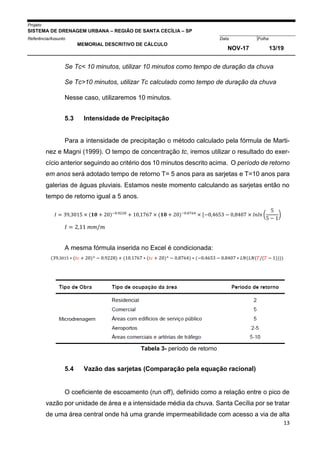 Projeto
SISTEMA DE DRENAGEM URBANA – REGIÃO DE SANTA CECÍLIA – SP
000005Referência/Assunto Data Folha
MEMORIAL DESCRITIVO DE CÁLCULO
NOV-17 13/19
13
Se Tc< 10 minutos, utilizar 10 minutos como tempo de duração da chuva
Se Tc>10 minutos, utilizar Tc calculado como tempo de duração da chuva
Nesse caso, utilizaremos 10 minutos.
5.3 Intensidade de Precipitação
Para a intensidade de precipitação o método calculado pela fórmula de Marti-
nez e Magni (1999). O tempo de concentração tc, iremos utilizar o resultado do exer-
cício anterior seguindo ao critério dos 10 minutos descrito acima. O período de retorno
em anos será adotado tempo de retorno T= 5 anos para as sarjetas e T=10 anos para
galerias de águas pluviais. Estamos neste momento calculando as sarjetas então no
tempo de retorno igual a 5 anos.
𝐼 = 39,3015 × (𝟏𝟎 + 20)−0.9228
+ 10,1767 × (𝟏𝟎 + 20)−0.8764
× [−0,4653 − 0,8407 × 𝑙𝑛𝑙𝑛 (
5
5 − 1
)
𝐼 = 2,11 𝑚𝑚/𝑚
A mesma fórmula inserida no Excel é condicionada:
(39.3015 ∗ (𝑡𝑐 + 20)^ − 0.9228) + (10.1767 ∗ (𝑡𝑐 + 20)^ − 0.8764) ∗ (−0.4653 − 0.8407 ∗ 𝐿𝑁(𝐿𝑁(𝑇/(𝑇 − 1))))
Tabela 3- período de retorno
5.4 Vazão das sarjetas (Comparação pela equação racional)
O coeficiente de escoamento (run off), definido como a relação entre o pico de
vazão por unidade de área e a intensidade média da chuva. Santa Cecília por se tratar
de uma área central onde há uma grande impermeabilidade com acesso a via de alta
 