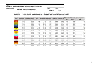 Projeto
SISTEMA DE DRENAGEM URBANA – REGIÃO DE SANTA CECÍLIA – SP
000005Referência/Assunto Data Folha
MEMORIAL DESCRITIVO DE CÁLCULO
NOV-17 3/19
3
ANEXO II – PLANILHA DO DIMENSIOMENTO QUANTITATIVO DE BOCAS DE LOBO
 