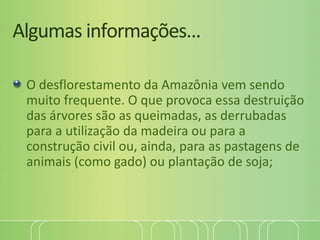 Algumas informações...
O desflorestamento da Amazônia vem sendo
muito frequente. O que provoca essa destruição
das árvores são as queimadas, as derrubadas
para a utilização da madeira ou para a
construção civil ou, ainda, para as pastagens de
animais (como gado) ou plantação de soja;
 