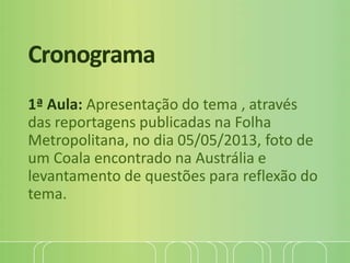 Cronograma
1ª Aula: Apresentação do tema , através
das reportagens publicadas na Folha
Metropolitana, no dia 05/05/2013, foto de
um Coala encontrado na Austrália e
levantamento de questões para reflexão do
tema.
 