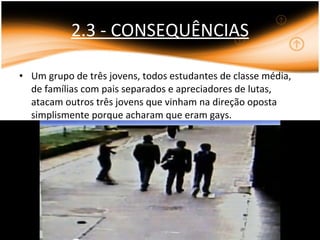 2.3 - CONSEQUÊNCIAS Um grupo de três jovens, todos estudantes de classe média, de famílias com pais separados e apreciadores de lutas, atacam outros três jovens que vinham na direção oposta simplismente porque acharam que eram gays. 