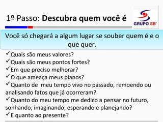 1º Passo: Descubra quem você é
Você só chegará a algum lugar se souber quem é e o
Você só chegará a algum lugar se souber quem é e o
que quer.
que quer.
Quais são meus valores?
Quais são meus pontos fortes?
Em que preciso melhorar?
O que ameaça meus planos?
Quanto de meu tempo vivo no passado, remoendo ou
analisando fatos que já ocorreram?
Quanto do meu tempo me dedico a pensar no futuro,
sonhando, imaginando, esperando e planejando?
E quanto ao presente?

 