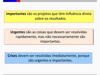 Importantes são os projetos que têm influência direta
sobre os resultados.
Urgentes são as coisas que devem ser resolvidas
Urgentes são as coisas que devem ser resolvidas
rapidamente, mas não necessariamente são
rapidamente, mas não necessariamente são
importantes.
importantes.
Crises devem ser resolvidas imediatamente, porque
são urgentes e importantes.

 