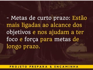 P R O J E T O P R E P A R A & E N C A M I N H A
- Metas de curto prazo: Estão
mais ligadas ao alcance dos
objetivos e nos ajudam a ter
foco e força para metas de
longo prazo.
 