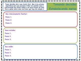 Tomando decisões
Estabelecendo metas
Tomar decisões não é uma tarefa fácil. Mas é de extrema
importância para que possamos trilhar um caminho rumo à
concretização dos nossos sonhos e do nosso Projeto de Vida.
Pare e pense sobre como você deve agir hoje em relação à:
Seu relacionamento familiar:
Passo 1.
Passo 2.
Passo 3.
Seus estudos:
Passo 1.
Passo 2.
Passo 3.
Sua saúde:
Passo 1.
Passo 2.
Passo 3.
 