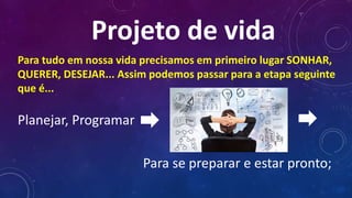 Projeto de vida
Para tudo em nossa vida precisamos em primeiro lugar SONHAR,
QUERER, DESEJAR... Assim podemos passar para a etapa seguinte
que é...
Planejar, Programar
Para se preparar e estar pronto;
 