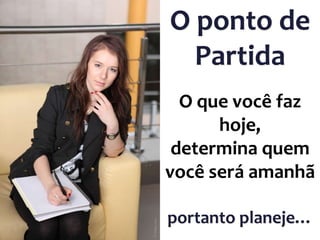 O ponto de
Partida
O que você faz
hoje,
determina quem
você será amanhã
portanto planeje…

 