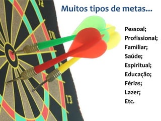 Muitos tipos de metas...
Pessoal;
Profissional;
Familiar;
Saúde;
Espiritual;
Educação;
Férias;
Lazer;
Etc.

 