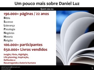Um pouco mais sobre Daniel Luz
Quem sou eu

190.000+ páginas / 22 anos
Bíblia
Sucesso
Liderança
Psicologia
Negócios
Historia
Religião

100.000+ participantes
650.000+ Livros vendidos
Insight, Fênix, Highlight,
Life planning, Inspiração,
Reflexões e
Recarregando a bateria humana
daniel.luz2020@hotmail.com
(15) 9 9126 5571

5

 
