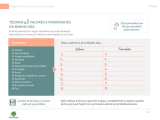 Projeto deVida: Caminho para o sucesso E-book
TÉCNICA 4 VALORES E PRIORIDADES
DA MINHAVIDA
14
Exemplos:
⍟ Justiça
⍟ Honestidade
⍟ Responsabilidade
⍟Verdade
⍟ Ética
⍟ Zelar pela limpeza da cidade
⍟ Ecologia
⍟ Amor
⍟ Respeitar e ajudar os outros
⍟ Aprender
⍟ Discernimento
⍟ Evolução pessoal
⍟Paz...
Meus valores e prioridades são...
Valores Prioridades
Após realizar a técnica 5 que vem a seguir, complemente ou ajuste o quadro
acima, para que fiquem os 10 principais valores e prioridades pessoais.
Próximo exercício a seguir será ótimo se você conseguir
listar abaixo ao menos 10 valores e prioridades na sua vida:
1.
2.
3.
4.
5.
6.
7.
8.
1.
2.
3.
4.
5.
6.
7.
8.
Click para editar sua
lista ou se preferir
pode imprimir.
Lembre-se de salvar o e-book
cada vez que editá-lo
 