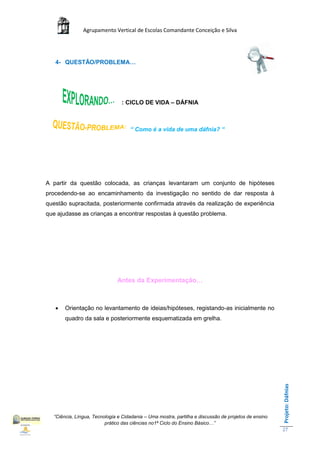 Agrupamento Vertical de Escolas Comandante Conceição e Silva




   4- QUESTÃO/PROBLEMA…




                                : CICLO DE VIDA – DÁFNIA



                                    “ Como é a vida de uma dáfnia? “




A partir da questão colocada, as crianças levantaram um conjunto de hipóteses
procedendo-se ao encaminhamento da investigação no sentido de dar resposta à
questão supracitada, posteriormente confirmada através da realização de experiência
que ajudasse as crianças a encontrar respostas à questão problema.




                              Antes da Experimentação…



      Orientação no levantamento de ideias/hipóteses, registando-as inicialmente no
       quadro da sala e posteriormente esquematizada em grelha.
                                                                                                      Projeto: Dáfnias




  “Ciência, Língua, Tecnologia e Cidadania – Uma mostra, partilha e discussão de projetos de ensino
                         prático das ciências no1ª Ciclo do Ensino Básico…”
                                                                                                      27
 