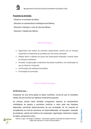 Agrupamento Vertical de Escolas Comandante Conceição e Silva



Propósito da atividade:

- Observar um exemplar de dáfnia;

- Descobrir as características morfológicas das Dáfnias;

- Descobrir e distinguir o ciclo de vida das Dáfnias;

- Descobrir o Habitat das Dáfnias.




                                      Experimentação…



       Seguimento dos passos do protocolo experimental, mesmo que as crianças
        respondam corretamente às questões que vão sendo colocadas;
       Registo diário e reflexão em grupo das observações efetuadas, levando todas
        as crianças a participar;
       Proceder à organização e tratamento dos dados recolhidos, com clarificação do
        que se observa e interpreta;
       Confirmação das hipóteses levantadas;
       Formulação da conclusão;




                                 Após a Experimentação…



Verificamos que…

Analisando de uma forma global os dados recolhidos, conclui-se que os resultados
obtidos vão de encontro aos objetivos inicialmente propostos.

As crianças através desta atividade conseguiram observar as características
morfológicas da espécie e permitiram confirmar a maior parte das hipóteses
elaboradas, permitindo desenvolvimento da sua curiosidade, de um conjunto de
                                                                                                       Projeto: Dáfnias




competências ao nível da autonomia, da responsabilização, da linguagem, resolução
de problemas, espírito de iniciativa e de cooperação, organização, tratamento e registo
de dados, pensamento crítico…
   “Ciência, Língua, Tecnologia e Cidadania – Uma mostra, partilha e discussão de projetos de ensino
                          prático das ciências no1ª Ciclo do Ensino Básico…”
                                                                                                       30
 