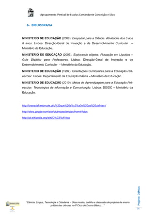 Agrupamento Vertical de Escolas Comandante Conceição e Silva


    6- BIBLIOGRAFIA



MINISTERIO DE EDUCAÇÃO (2009). Despertar para a Ciência: Atividades dos 3 aos
6 anos. Lisboa: Direcção-Geral de Inovação e de Desenvolvimento Curricular                             –
Ministério da Educação.

MINISTERIO DE EDUCAÇÃO (2006). Explorando objetos: Flutuação em Líquidos –
Guia Didático para Professores. Lisboa: Direcção-Geral de Inovação e de
Desenvolvimento Curricular – Ministério da Educação.

MINISTERIO DE EDUCAÇÃO (1997). Orientações Curriculares para a Educação Pré-
escolar. Lisboa: Departamento da Educação Básica – Ministério da Educação.

MINISTERIO DE EDUCAÇÃO (2010). Metas de Aprendizagem para a Educação Pré-
escolar: Tecnologias de informação e Comunicação. Lisboa: DGIDC – Ministério da
Educação.



http://bransdaf.webnode.pt/o%20que%20s%c3%a3o%20as%20dafnias-/

http://sites.google.com/site/clubedasciencias/Home/fotos

http://pt.wikipedia.org/wiki/D%C3%A1fnia




                                                                                                           Projeto: Dáfnias




   “Ciência, Língua, Tecnologia e Cidadania – Uma mostra, partilha e discussão de projetos de ensino
                          prático das ciências no1ª Ciclo do Ensino Básico…”
                                                                                                           36
 
