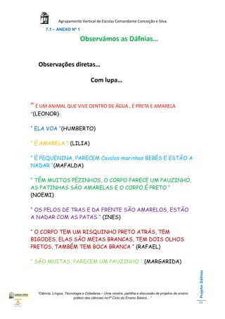 Agrupamento Vertical de Escolas Comandante Conceição e Silva
       7.1 – ANEXO Nº 1

                             Observámos as Dáfnias…


   Observações diretas…

                                    Com lupa…


“ É UM ANIMAL QUE VIVE DENTRO DE ÁGUA , É PRETA E AMARELA
“(LEONOR)

“ ELA VOA “(HUMBERTO)

“ É AMARELA “ (LILIA)

“ É PEQUENINA, PARECEM Cavalos-marinhos BEBÉS E ESTÃO A
NADAR “(MAFALDA)

“ TÊM MUITOS PÉZINHOS, O CORPO PARECE UM PAUZINHO,
AS PATINHAS SÃO AMARELAS E O CORPO É PRETO “
(NOEMI)

“ OS PELOS DE TRAS E DA FRENTE SÃO AMARELOS, ESTÃO
A NADAR COM AS PATAS “ (INES)

“ O CORPO TEM UM RISQUINHO PRETO ATRÁS, TEM
BIGODES, ELAS SÃO MEIAS BRANCAS, TEM DOIS OLHOS
PRETOS, TAMBÉM TEM BOCA BRANCA “ (RAFAEL)

“ SÃO MUITAS, PARECEM UM PAUZINHO “ (MARGARIDA)
                                                                                                      Projeto: Dáfnias




  “Ciência, Língua, Tecnologia e Cidadania – Uma mostra, partilha e discussão de projetos de ensino
                         prático das ciências no1ª Ciclo do Ensino Básico…”
                                                                                                      39
 