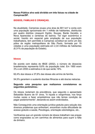 Nosso Público alvo está dividido em três faixas na cidade de
Campinas/SP.

IDOSOS, FAMILIAS E CRIANÇAS.


Na atualidade, Campinas ocupa uma área de 801 km² e conta com
uma população aproximada em 1 milhão de habitantes, distribuída
por quatro distritos (Joaquim Egídio, Sousas, Barão Geraldo, e
Nova Aparecida) e centenas de bairros. Tal vigor econômico e
social, trazido em especial pela ampliação de sua população
trabalhadora, tem permitido à Campinas constituir-se como um dos
pólos da região metropolitana de São Paulo, formada por 19
cidades e uma população estimada em 2,33 milhões de habitantes
(6,31% da população do Estado).



Idosos

De acordo com dados do IBGE (2002), o número de idosos/as
brasileiros/as representa 8,6% da população total. Em 1950 eram
3% e em 2050 a estimativa é de que serão 18%.

62,4% dos idosos e 37,6% das idosas são arrimo de família.

54,5% garantem o sustento dos/das filhos/as e até dos/as netos/as.

Segundo uma pesquisa que realizamos constatamos os
seguintes parâmetros.:

Os idosos reclamam da previdência, que segundo o aposentado
Sebastião Bueno de 61 anos, "é injusta e vergonhosa, nos força
muitas vezes a fazer empréstimos que não temos condição de
pagar posteriormente", deixando-os assim endividados.

Não Conseguindo uma orientação jurídica gratuita para solução dos
diversos problemas que enfrentam, encontram muita dificuldade de
acesso gratuito a saúde, Psicólogos, orientação odontológica, etc..

Verificamos que um grande número de idosos trabalham nas praças
como engraxates ou em carrinhos de alimentos para suprir a falta
de dinheiro.
 