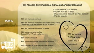 Clique para editar o título mestre
• Clique para editar o texto mestre
– Segundo nível
• Terceiro nível
– Quarto nível
» Quinto nível
07/05/2014 5
Clique para editar o título mestre
• Clique para editar o texto mestre
– Segundo nível
• Terceiro nível
– Quarto nível
» Quinto nível
07/05/2014 5
Clique para editar o título mestre
• Clique para editar o texto mestre
– Segundo nível
• Terceiro nível
– Quarto nível
» Quinto nível
07/05/2014 5
Clique para editar o título mestre
• Clique para editar o texto mestre
– Segundo nível
• Terceiro nível
– Quarto nível
» Quinto nível
07/05/2014 5
Crédito da imagem: Google Image
DAS PESSOAS QUE VIRAM MÍDIA DIGITAL OUT OF HOME EM ÔNIBUS
Fonte Ipsos: Estudos Marplan EGM – Abr 2012a Mar / 2013 – 13 Mercados – Filtro: Notou DOOH últ. 30d - Ônibus - 10+ anos (51.032)
53% mulheres e 47% homens
85% têm mais de 18 anos
48% pertencem à classe C e 34% a classe B
45% são casados
50% tem interesse em moda
58% tem interesse em estética e cuidados com a beleza.
Destes 58%, 41% são homens e 73% mulheres.
49% tem interesse em roteiros turísticos
69% adoram comer chocolate.
Destes 69%, 71% são mulheres.
56% amam surpresas!
47% costumam cozinhar em ocasiões especiais
e 49% gostam de experimentar novas receitas
83% dos que viram
DOOH em ônibus,
acessam sites de
relacionamento
 