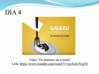 DIA 4
Vídeo “Os números da comida”
Link: https://www.youtube.com/watch?v=uwXcErXvp1E
 