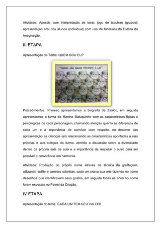 Atividade: Apostila com interpretação de texto; jogo de tabuleiro (grupos); 
apresentação oral dos alunos (individual) com uso de fantasias da Esteira da 
Imaginação. 
III ETAPA 
Apresentação da Tema: QUEM SOU EU? 
Procedimentos: Primeiro apresentamos a biografia de Ziraldo, em seguida 
apresentamos a turma do Menino Maluquinho com as características físicas e 
psicológicas de cada personagem, chamando atenção quanto as diferenças de 
cada um e a importância de conviver com respeito, no decorrer das 
apresentação as crianças iam relacionando as características apontadas a elas 
próprias e aos colegas da turma, abrindo a discussão sobre a diversidade 
dentro da própria sala de aula e a importância de respeitar o outro para ser 
possível a convivência em harmonia. 
Atividade: Produção do próprio nome através da técnica da grafitagem, 
utilizando sulfite e canetas coloridas, cada um criava sua arte fazendo no nome 
desenhos que identificavam seus gostos, em seguida todas as artes no nome 
foram expostas no Painel da Criação. 
IV ETAPA 
Apresentação do tema: CADA UM TEM SEU VALOR! 
 
