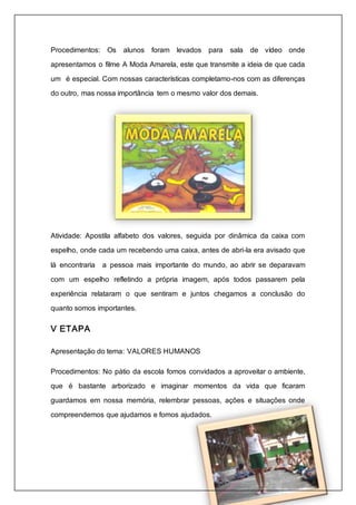 Procedimentos: Os alunos foram levados para sala de vídeo onde 
apresentamos o filme A Moda Amarela, este que transmite a ideia de que cada 
um é especial. Com nossas características completamo-nos com as diferenças 
do outro, mas nossa importância tem o mesmo valor dos demais. 
Atividade: Apostila alfabeto dos valores, seguida por dinâmica da caixa com 
espelho, onde cada um recebendo uma caixa, antes de abri-la era avisado que 
lá encontraria a pessoa mais importante do mundo, ao abrir se deparavam 
com um espelho refletindo a própria imagem, após todos passarem pela 
experiência relataram o que sentiram e juntos chegamos a conclusão do 
quanto somos importantes. 
V ETAPA 
Apresentação do tema: VALORES HUMANOS 
Procedimentos: No pátio da escola fomos convidados a aproveitar o ambiente, 
que é bastante arborizado e imaginar momentos da vida que ficaram 
guardamos em nossa memória, relembrar pessoas, ações e situações onde 
compreendemos que ajudamos e fomos ajudados. 
 
