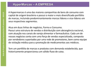 HyperMarcas – A EMPRESA
A Hypermarcas é uma das maiores companhias de bens de consumo com
capital de origem brasileira e possui o maior e mais diversificado portfólio
de marcas, incluindo predominantemente marcas líderes e vice-líderes em
seus respectivos segmentos.
Atua em duas linhas de negócios, Farma e Consumo.
Possui uma estrutura de vendas e distribuição com abrangência nacional,
com atuação nos canais de varejo alimentar e farmacêutico. Cada um de
nossos negócios conta com uma força de vendas especializada, composta
por vendedores suportados por uma rede de promotores, bem como equipe
de visitação médica para a promoção de medicamentos aos médicos.
Tem um portfólio de marcas e produtos com demanda estabelecida, que
historicamente proporcionou um sólido fluxo de caixa.
GuiadoProjetoDiscenteSemestraldo4ºsemestre–2015/2
 