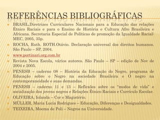 REFERÊNCIAS BIBLIOGRÁFICAS
















BRASIL,Diretrizes Curriculares Nacionais para a Educação das relações
Étnico Raciais e para o Ensino de História e Cultura Afro Brasileira e
Africana. Secretaria Especial de Políticas de promoção da Igualdade Racial:
MEC, 2005, 35p.
ROCHA, Ruth. ROTH.Otávio. Declaração universal dos direitos humanos.
São Paulo – SP, 2004.
www.portinari.org.com.br
Revista Nova Escola, vários autores. São Paulo – SP – edição de Nov de
2004 e 2005.
PENESB – caderno 08 – História da Educação do Negro, programa de
Educação sobre o Negro na sociedade Brasileira e O negro na
contemporaneidade e suas demandas.
PENESB – caderno 11 e 13 – Reflexões sobre os “modos de vida” e
socialização dos jovens negros e Relações Étnico Raciais e Currículo Escolar.
OLIVEIRA, Iolanda – Cor e Magistério.
MÜLLER, Maria Lucia Rodrigues – Educação, Diferenças e Desigualdades.
TEIXEIRA, Moema de Poli – Negros na Universidade.

 
