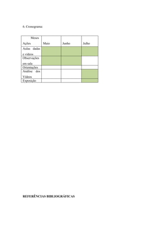 6. Cronograma:


        Meses
Ações            Maio   Junho   Julho
Aulas dadas
e vídeos
Observações
em sala
Orientações
Análise dos
Vídeos
Exposição




REFERÊNCIAS BIBLIOGRÁFICAS
 