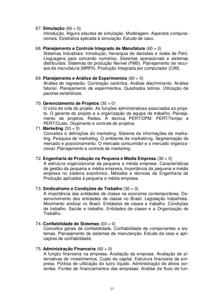 Disciplinas do curso de engenharia de producao