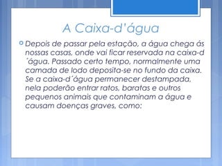 A Caixa-d’água
 Depoisde passar pela estação, a água chega ás
 nossas casas, onde vai ficar reservada na caixa-d
 ´água. Passado certo tempo, normalmente uma
 camada de lodo deposita-se no fundo da caixa.
 Se a caixa-d´água permanecer destampada,
 nela poderão entrar ratos, baratas e outros
 pequenos animais que contaminam a água e
 causam doenças graves, como:
 