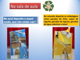 Na sala de aula
No azul deposita o papel
usado, que não esteja sujo !
No azul deposita o papel
usado, que não esteja sujo !
No amarelo deposita as embalagens
como pacotes de leite, copos de
iogurte, garrafas de iogurte, garrafas
de água, plásticos e latas!
No amarelo deposita as embalagens
como pacotes de leite, copos de
iogurte, garrafas de iogurte, garrafas
de água, plásticos e latas!
 