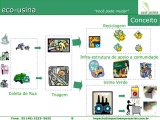 ConceitoReciclagemInfra-estrutura de apoio a comunidadeUsina VerdeColeta de RuaTriagem
