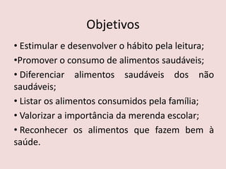 Objetivos
• Estimular e desenvolver o hábito pela leitura;
•Promover o consumo de alimentos saudáveis;
• Diferenciar alimentos saudáveis dos não
saudáveis;
• Listar os alimentos consumidos pela família;
• Valorizar a importância da merenda escolar;
• Reconhecer os alimentos que fazem bem à
saúde.
 
