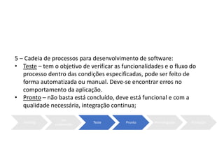 5 – Cadeia de processos para desenvolvimento de software:
• Teste – tem o objetivo de verificar as funcionalidades e o fluxo do
processo dentro das condições especificadas, pode ser feito de
forma automatizada ou manual. Deve-se encontrar erros no
comportamento da aplicação.
• Pronto – não basta está concluído, deve está funcional e com a
qualidade necessária, integração continua;
Backlog
Em
andamento
Teste Pronto Homologação Produção
 
